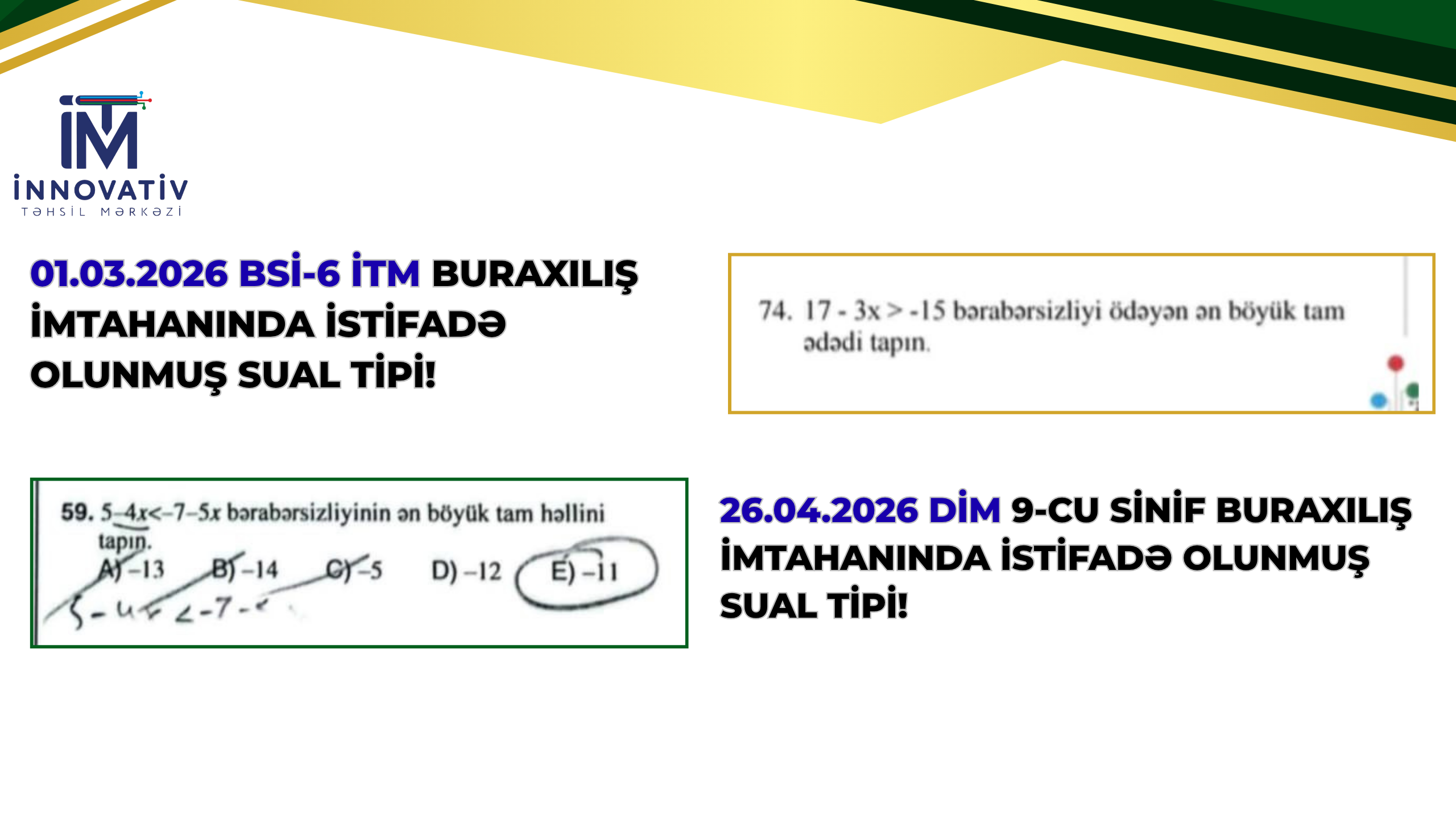 İTM 1 MART BURAXILIŞ SINAQ İMTAHAN SUALI - 26 APREL DİM BURAXILIŞ İMTAHANINDA ŞAGİRDLƏRİN QARŞISINA ÇIXMIŞDIR!